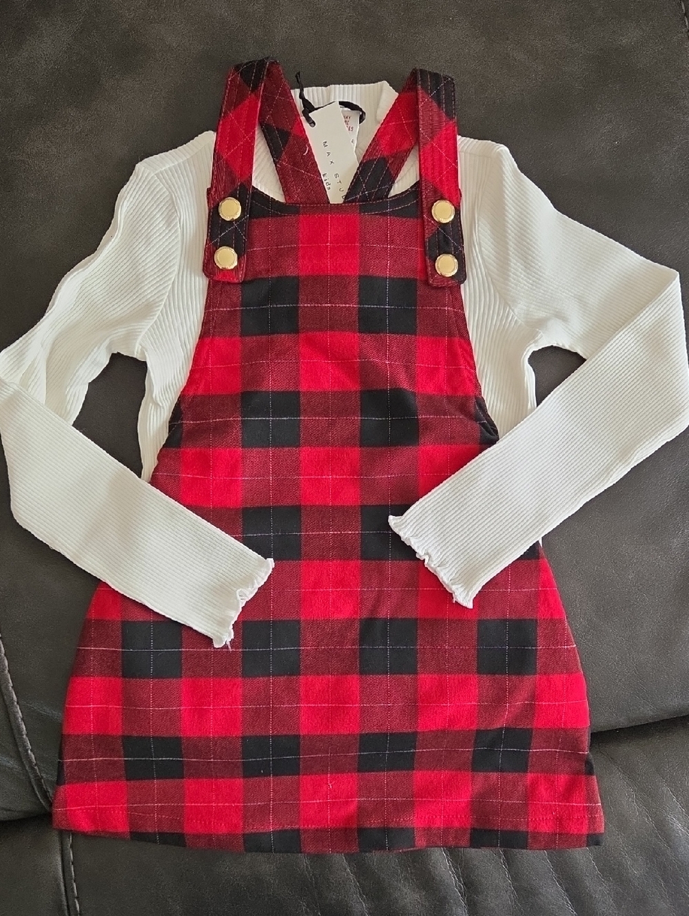 NWT Max Studio Red & Black Plaid Pinafore with White Top And Headpiece